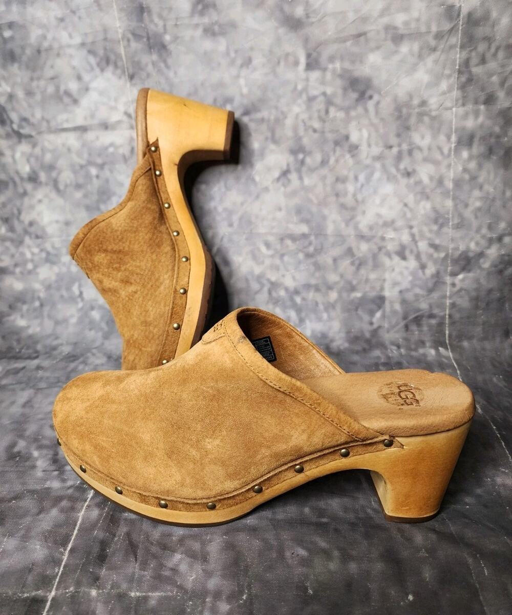 NEW! Ugg Abbie Shoes Women’s 7 Brown Wooden Mule clogs Leather Slip On Shoes